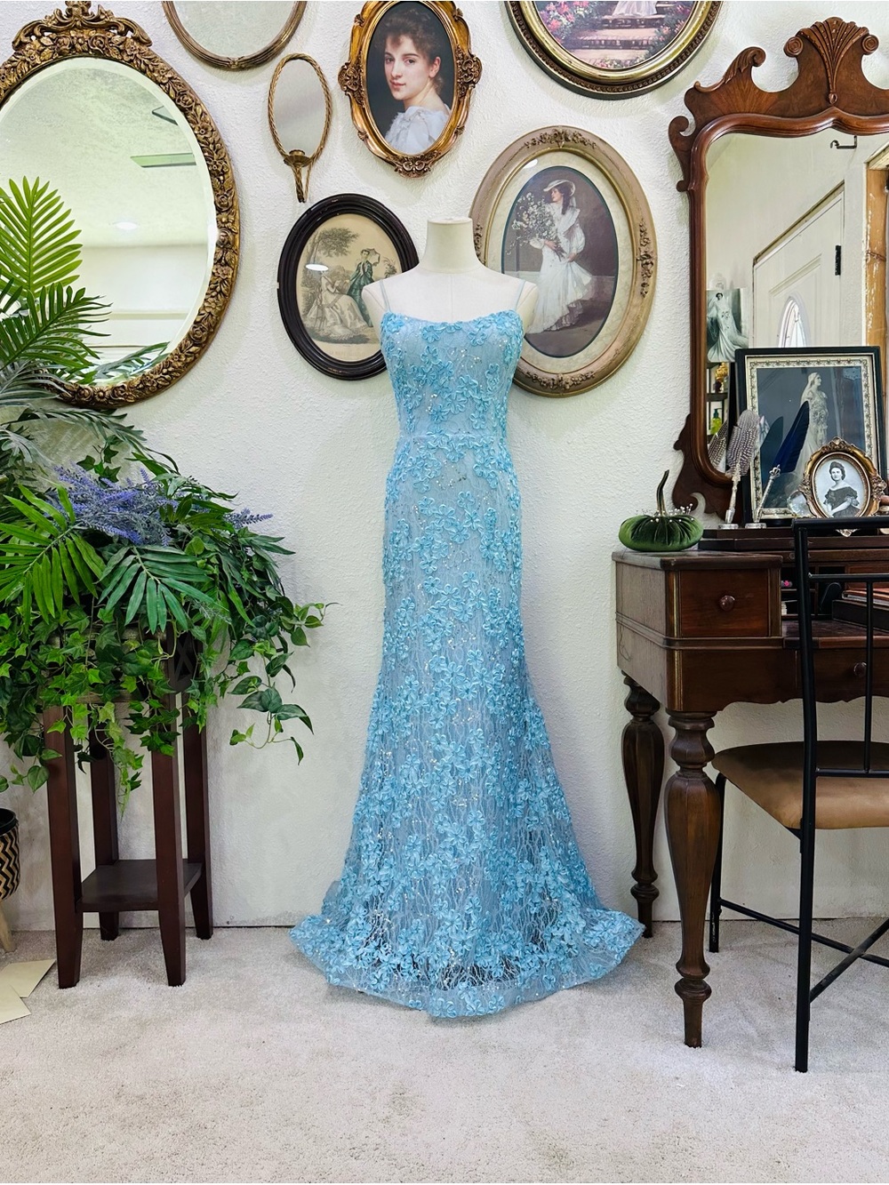 Xscape Light Blue Lace Appliqué Maxi Gown